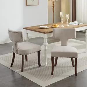 Mid Century Modern Dining Chair Set of 2, Linen Upholstered Kitchen Chairs with Solid Wood Legs and Curved Backrest, Farmhouse Chairs with Copper Nails Accent Chairs for Dining Room Beige