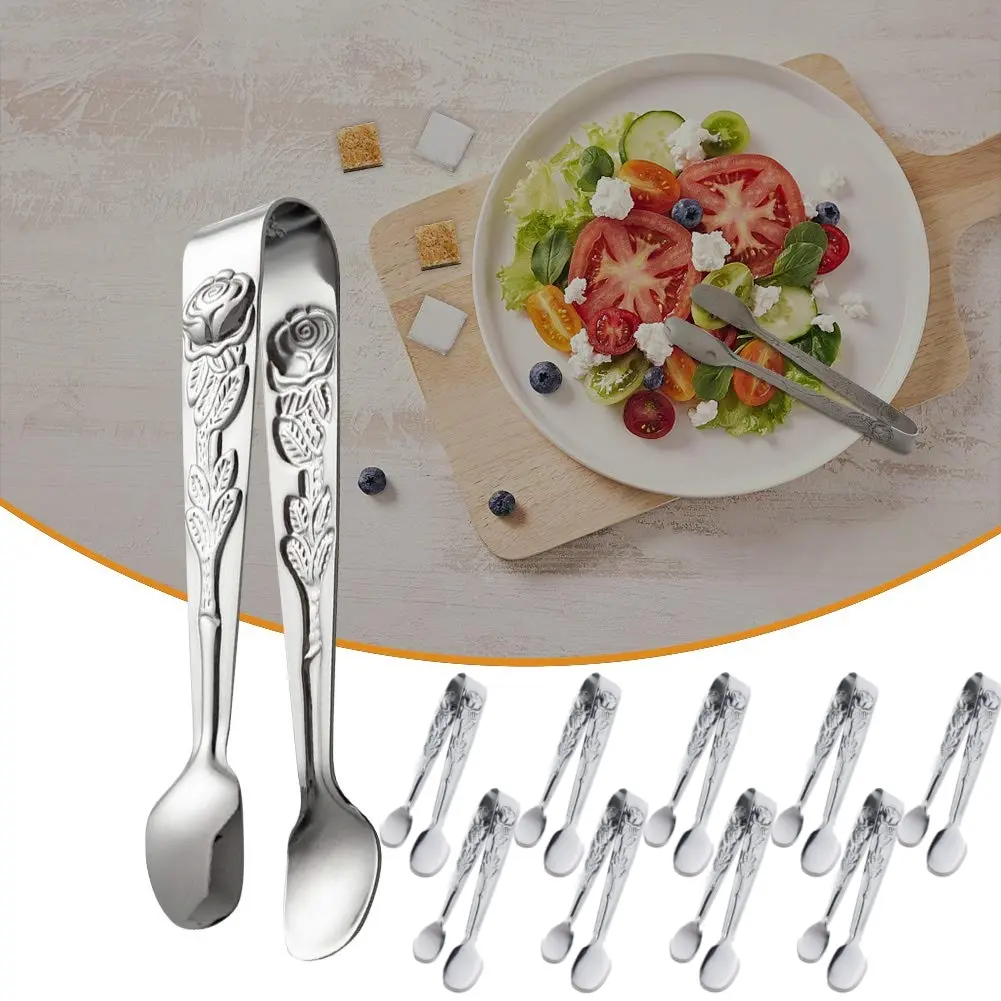 10pcs Silver 4.13-in Sturdy Stainless Steel Classic Mini Kitchen Utensil Serving Tongs with Vintage Rose Relief - Kitchen Utensils Gadgets for Coffee Bar, Tea Party Appetizers