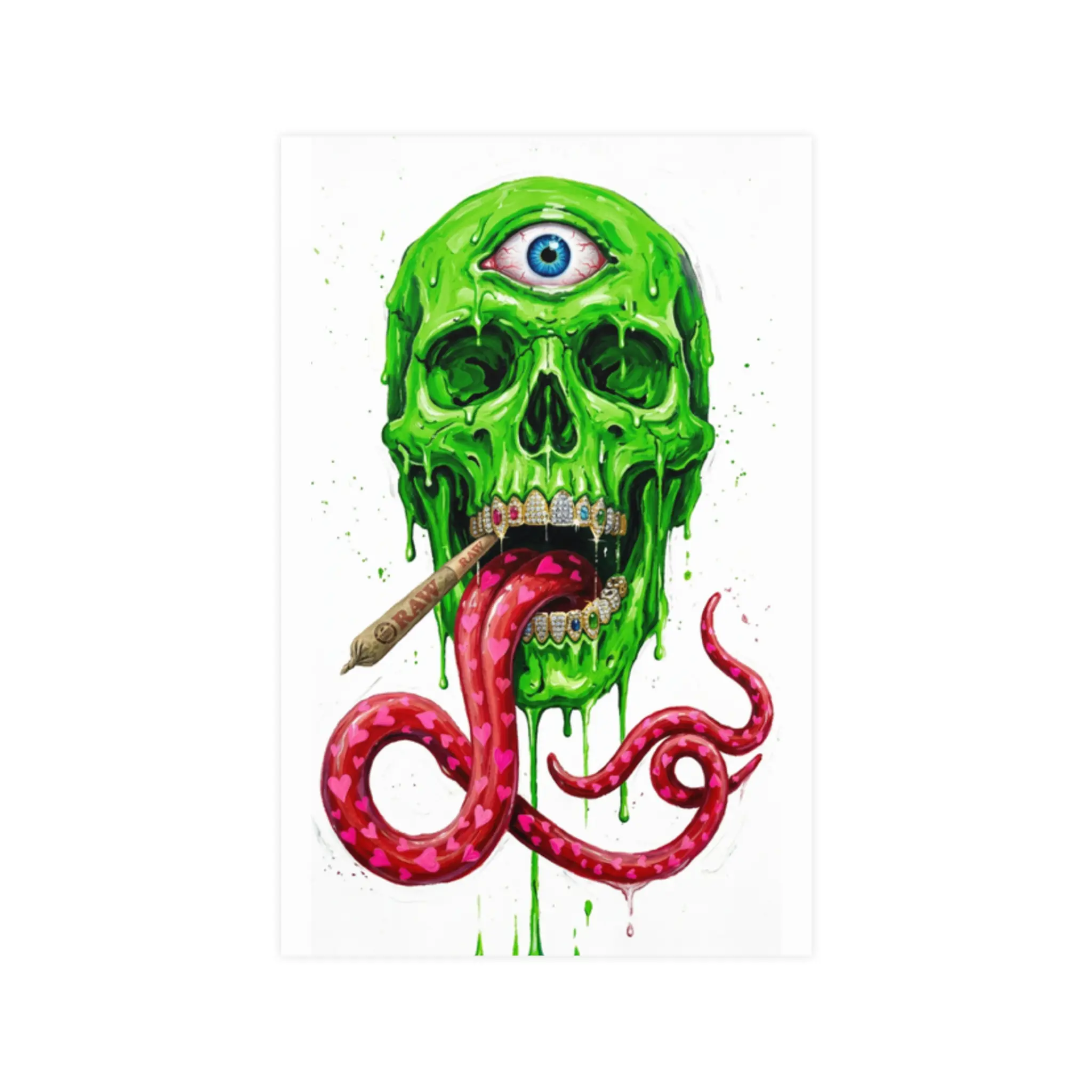 Dark Aesthetic Artistic Green Third-Eye Skull with Tentacle Tongue Matte Paper Print, 11in x 17in Vertical Poster, Home Decor Wall Art