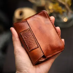 Vegetable tanned top layer cowhide handmade card bag, coin purse, retro genuine leather identification bag, genuine leather handmade color rubbing and aging