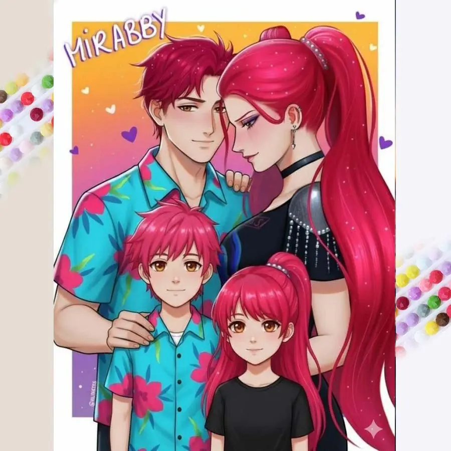 1 set DIY diamond painting kit, 5D diamond art set, DIY decoration colorful hair, happy family, pink background, Anime Design. Mosaic, diamond art, DIY art home decor.