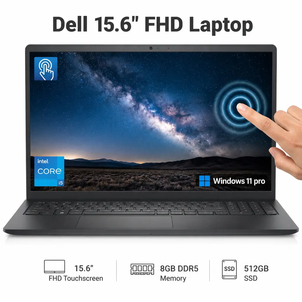 Dell 15 Touchscreen Business Laptop, Up to 32GB DDR5 RAM, Up to 2TB SSD, Intel i5-1334U | 15.6 Inch FHD Touch Anti-Glare Display, Wi-Fi 6, Bluetooth, Windows 11 Pro, Business & Student Computer with AI Copilot