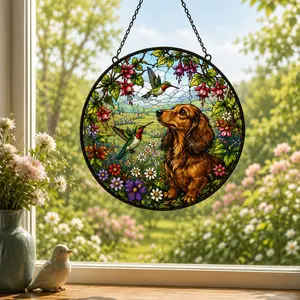 Stained Glass Long-Haired Dachshund Suncatcher - Colorful Floral Round Garden Window Hanging Decor, Hummingbird Accent, Dog Lover Gift