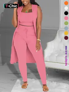 Three-Piece Set Suits Women's Solid Crop Sleeveless Tank Top & Tie Front Pants & Open Front Outerwear Set, Casual Cropped Top & High Waist Trousers & Outerwear, Ladies Clothes for Daily Wear