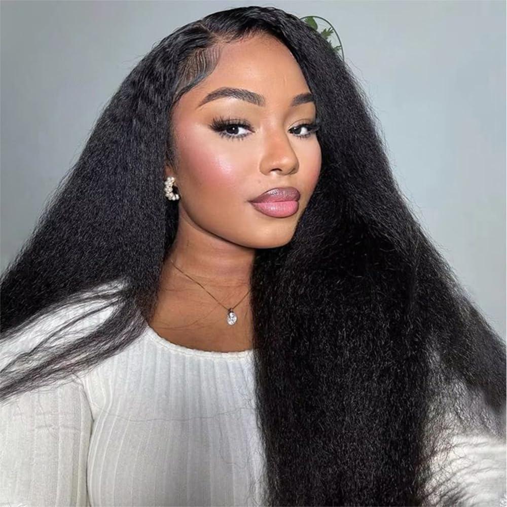 YAWAWE Hair 26 Inch Wear and Go Glueless Wig Kinky Straight Lace Pre Cut 7x5 Lace Front Wigs Human Hair for Women Glueless Wig with Elastic Band Natural Hairline 180% Density Yaki Hair Natural Black