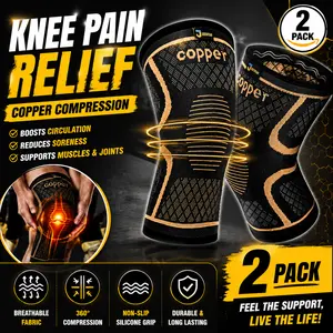 Copper Knee Braces for Men and Women (2 pack) -Knee Supports Copper Compression Knee Sleeve for Knee Pain, Arthritis, Running,Sports and Recovery Support (Medium)