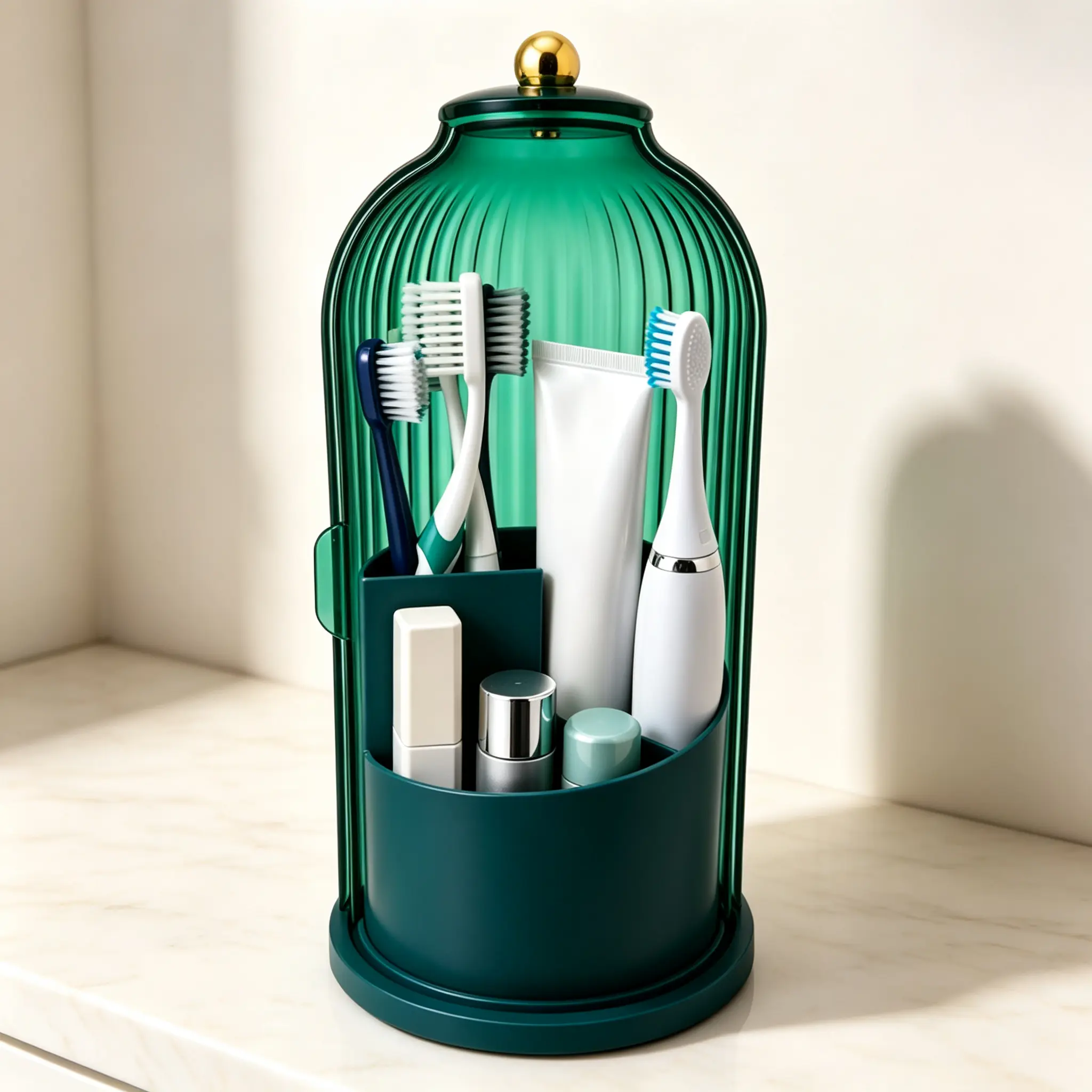 Bathroom Countertop Organizer with Rotating Dustproof Cover, 3 Slot Makeup Brush Toothbrush Toothpaste Holder, 360 Degree Swivel Vanity Storage Caddy for Electric Brushes Skincare Tools Razors, Compact Multi-Functional Desk Dresser Display