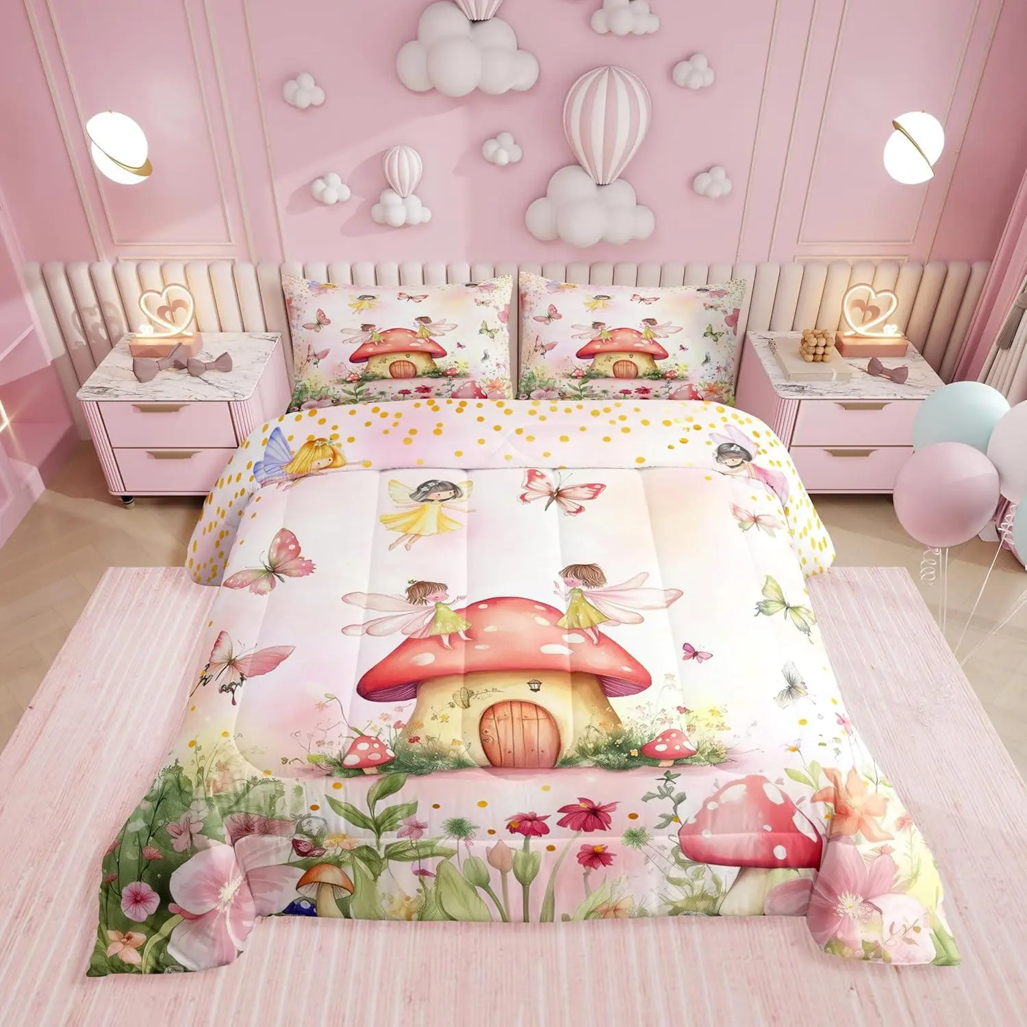 Flower Fairy Bedding Set,Cute Fairy Butterfly Comforter Set Room Decor,Colorful Floral Mushroom Quilt Bed Set Princess Bed Comforter Sets