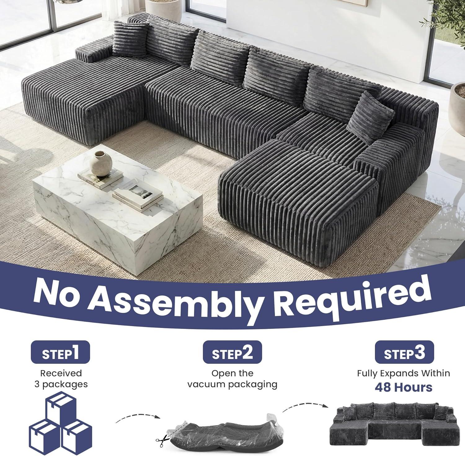 winzoo couch 126" Cloud Sectional Couch for Living Room, Oversized 6 Seat Convertible Modular Sectional Sofa Bed with High Back Ottoman, Plush Corduroy U Shaped Boneless Couch Compression Sofas, Grey