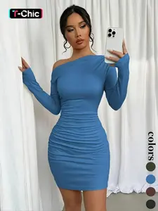 Elegant Asymmetrical Neck Long Sleeve Knit Dress, Pure Color Ruched Design, Women's Fashionable Formal Wear for Special Occasions