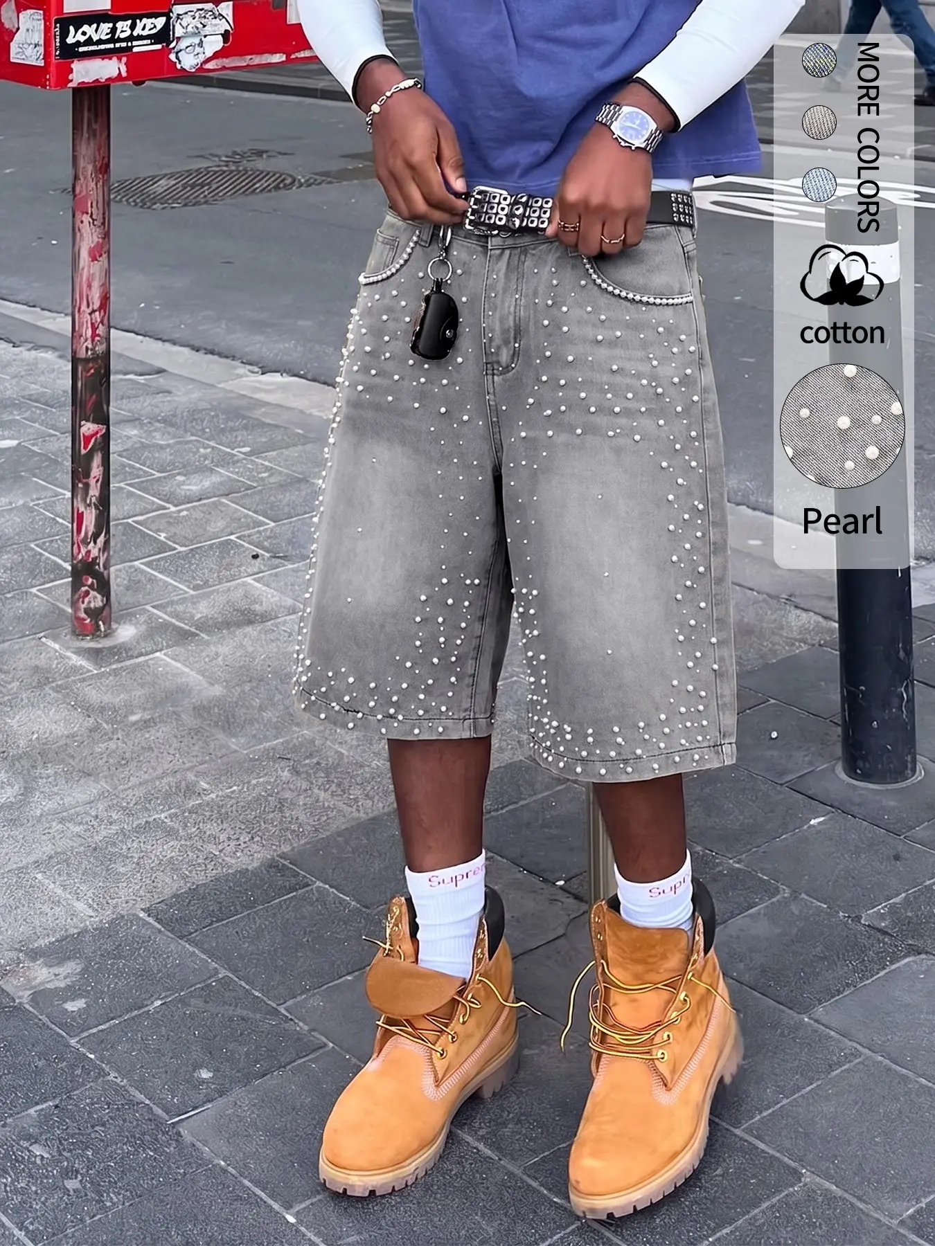 Hip hop baggy Denim jeans for men, adorned with diamond and pearl decorations, featuring cropped style, high-waisted shorts with pearl embellishments, embodying American street fashion, perfect for daily wear, suitable for all seasons