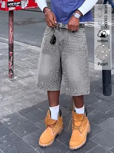 Hip hop baggy jeans for men, adorned with diamond and pearl decorations, featuring cropped style, high-waisted shorts with pearl embellishments, embodying American street fashion, perfect for daily wear, suitable for all seasons
