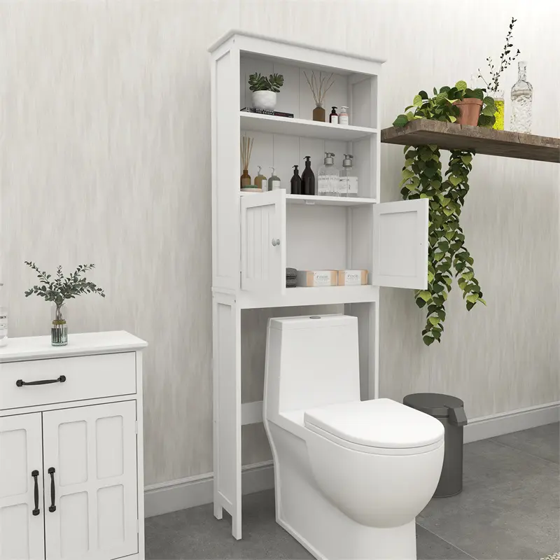 Over The Toilet Rack – 2-Tier Bathroom Space Saver Storage Shelf with 2 Doors, Wood Freestanding Organizer Cabinet for Small Bathrooms, White – Hidden Storage for Toiletries & Towels