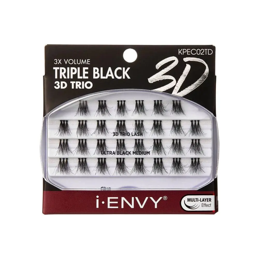 i-Envy KPEC02TD Triple Black Lash Cluster Eyelashes, 3X Volume 3D Ultra Black Medium Tapered Ends, Assorted Lengths Cosmetic Makeup Lash Extensions, Eyelash, Lash Extension