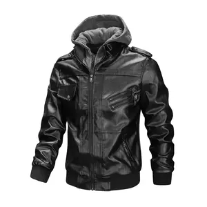 Men's Black Faux Leather Jacket with Removable Hood, Multi-Pocket Biker Style Casual Outerwear
