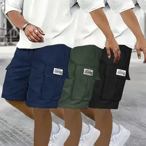 Men's Classic 3-Piece Loose Cargo Bottoms Set - Menswear, Dark Blue/Army Green/Black, Breathable Casual Fabric, Pockets, Includes Overalls & Shorts, Ideal for Outdoor Street Style & Skateboarding