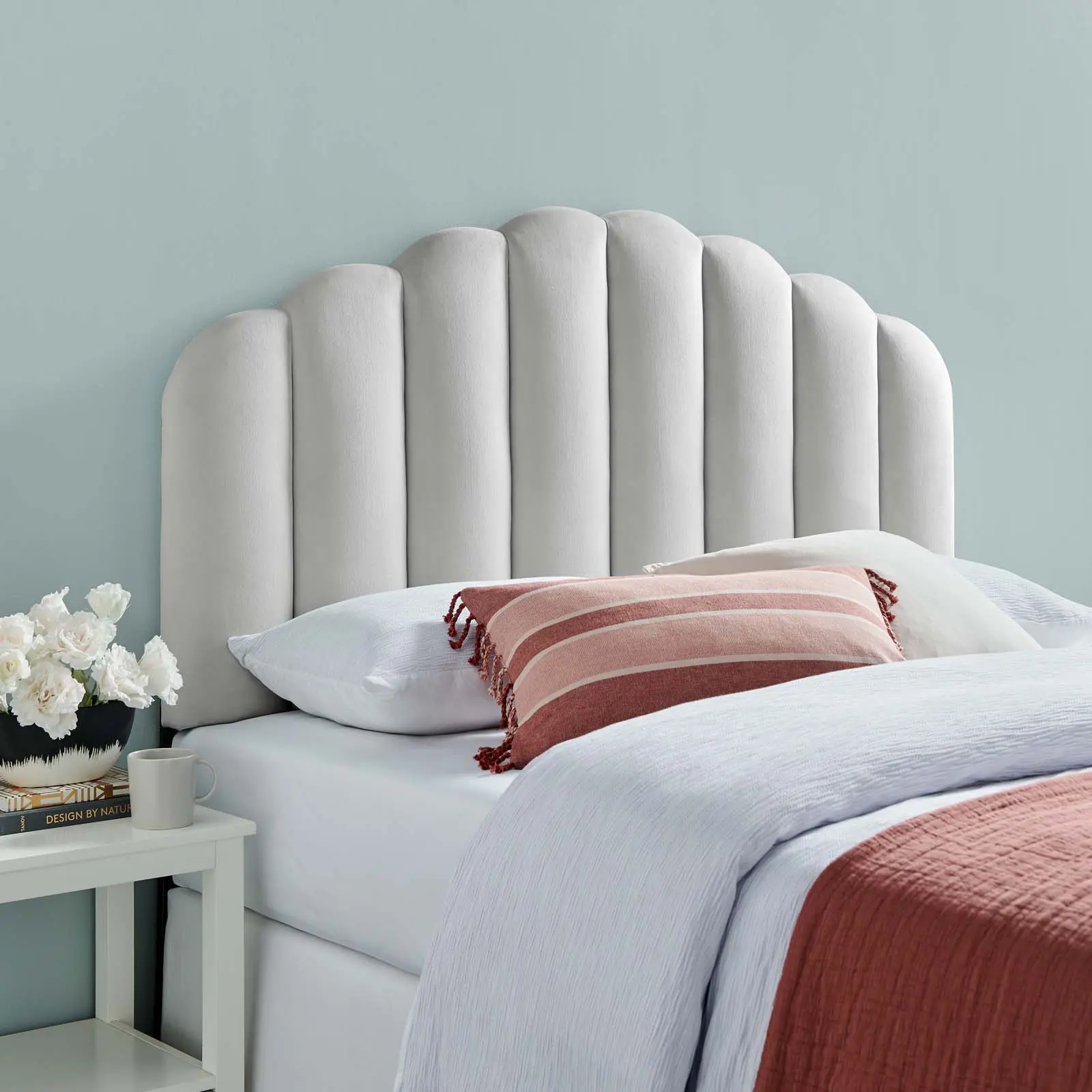 Modway Veronique Channel Tufted Performance Velvet Headboard - Light Gray, Full/Queen Size, Adjustable, Stain-Safe, Solid Legs, Bedroom Furniture for Bedroom Decor