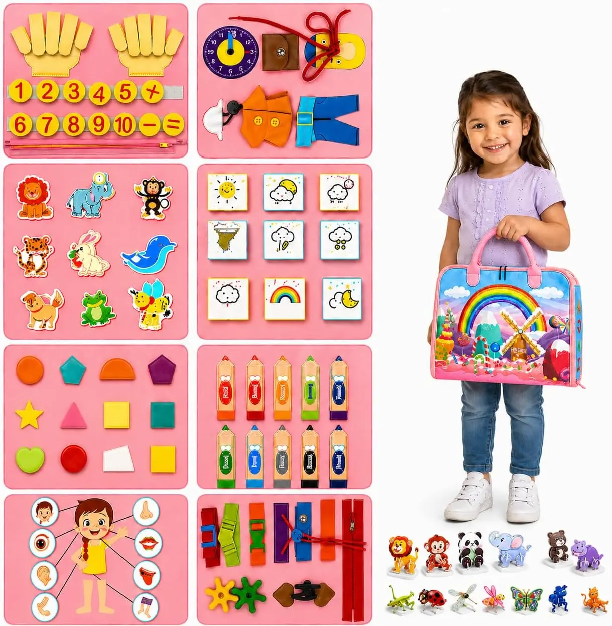 Busy Book for Toddlers, Montessori Busy Board with 25+ Activities on 8 Pages and 3D Assorted Puzzles, Felt Activity Book with Numbers, Colors, Daily Life and Fine Motor Learning, Pink, Montessori, Farm, Toddler, Busy, Book