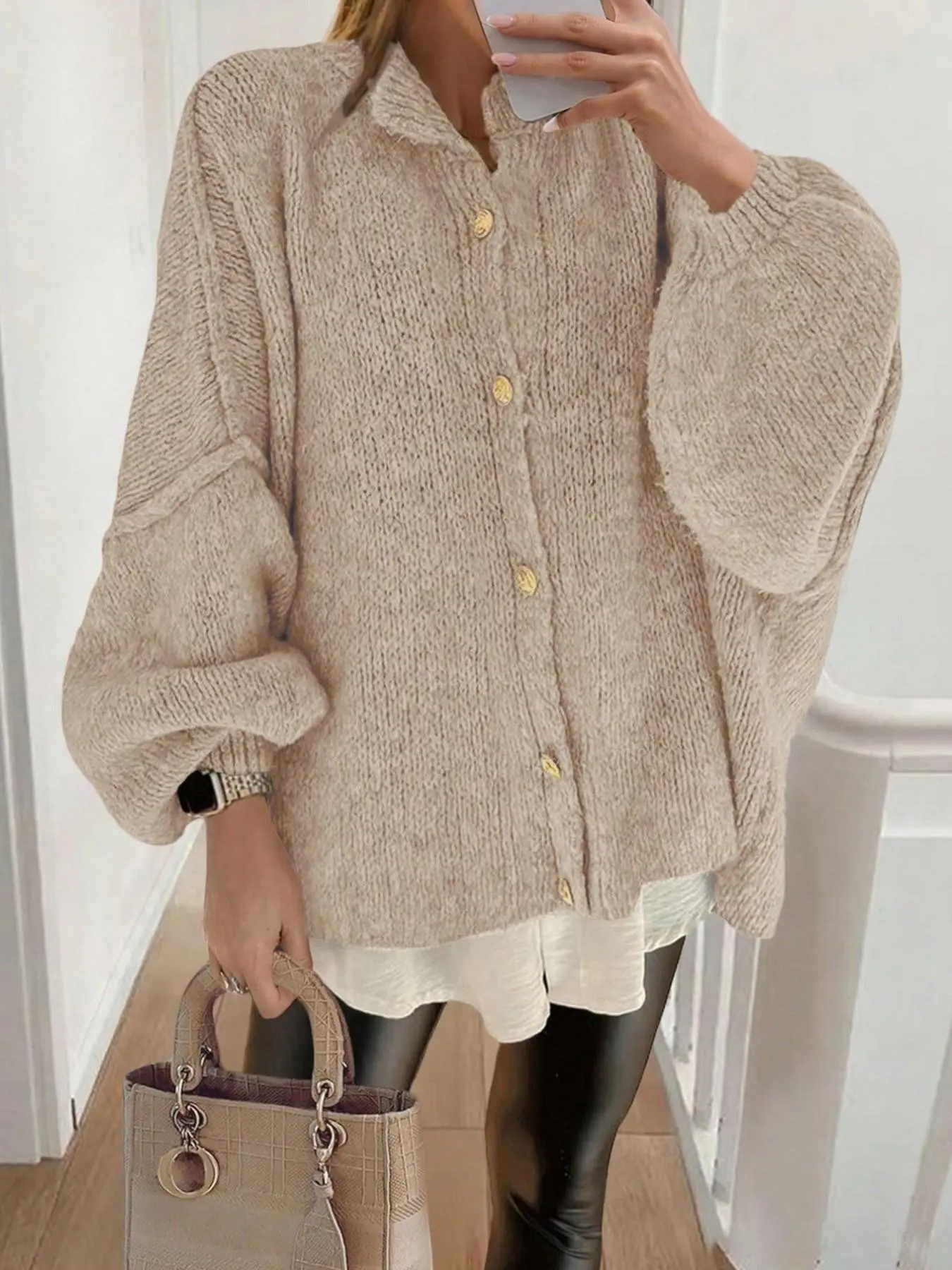Women's Fall Winter Sweater, Casual Basic Loose Baggy Knitwear Cardigan, Long Sleeve Pullover with Metal Buttons, Fashion New Arrival Metallic Tops, Knitting