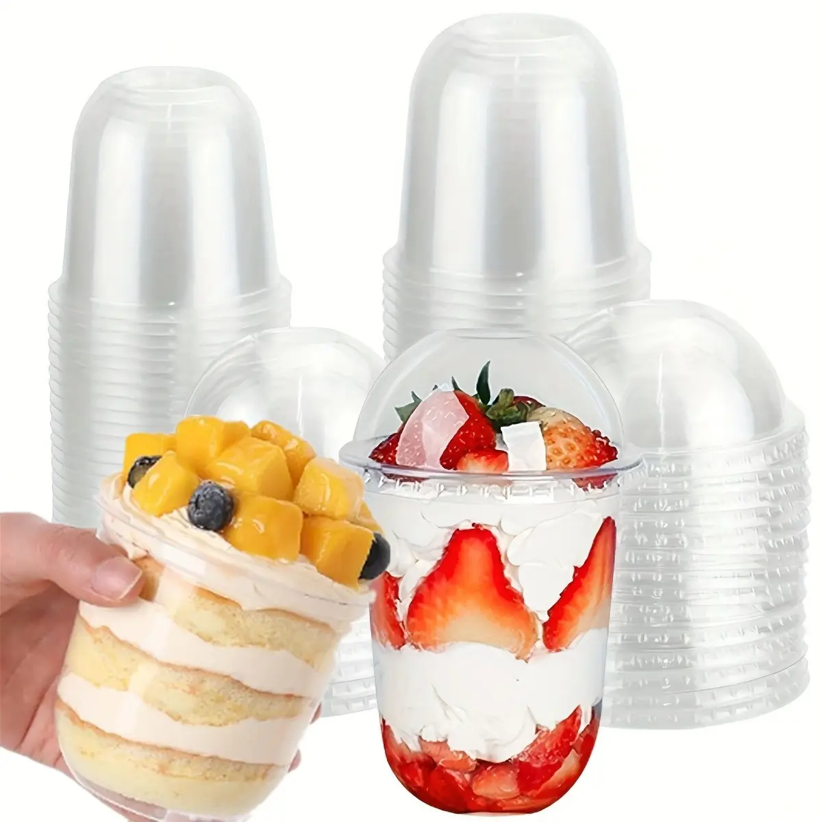 50-Set Clear Plastic Disposable Iced Coffee Party Pack with Dome Lids (12 oz-16 oz) - Kitchenware Parfait Cups for Jello, Smoothie