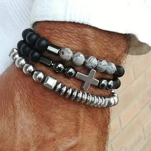 3 pieces/set of fashionable hip-hop three-layer black cross bracelet, men's punk trendy charm jewelry (gift)