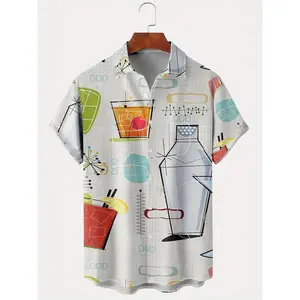 Men'S Vintage 60s Geometric Atomic Cocktail Shirt with Button Pocket, Polyester 100%, Regular Fit, Woven Fabric, Slight Stretch, Summer Season, Lapel Collar, 120g/m² - 0208, Plus Size