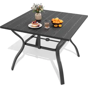 【Mother's Day Gifts】Chinnluu Outdoor Dining Table for 4, Black Metal Patio Dining Table with 1.97'' Umbrella Hole,Anti-Rust Waterproof Square Table for Porch Deck Poolside Garden Backyard