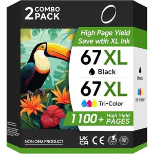 67XL Remaunfactured Ink  Replacement for  Ink 67 67XL Combo Pack for DeskJet 2755e 2755 2855e 4155e 4255e Envy 6055e 6455e 6055 6075 Pro 6452 6475 Printer (1 Black, 1 Tri-Color)