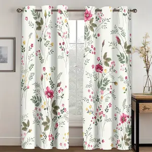 2D Flat 2pcs Set, Spring Floral Green Plant Flower Digital Print Living Room Curtains, 12pcss Living Room Furniture Decoration Perforated Curtains