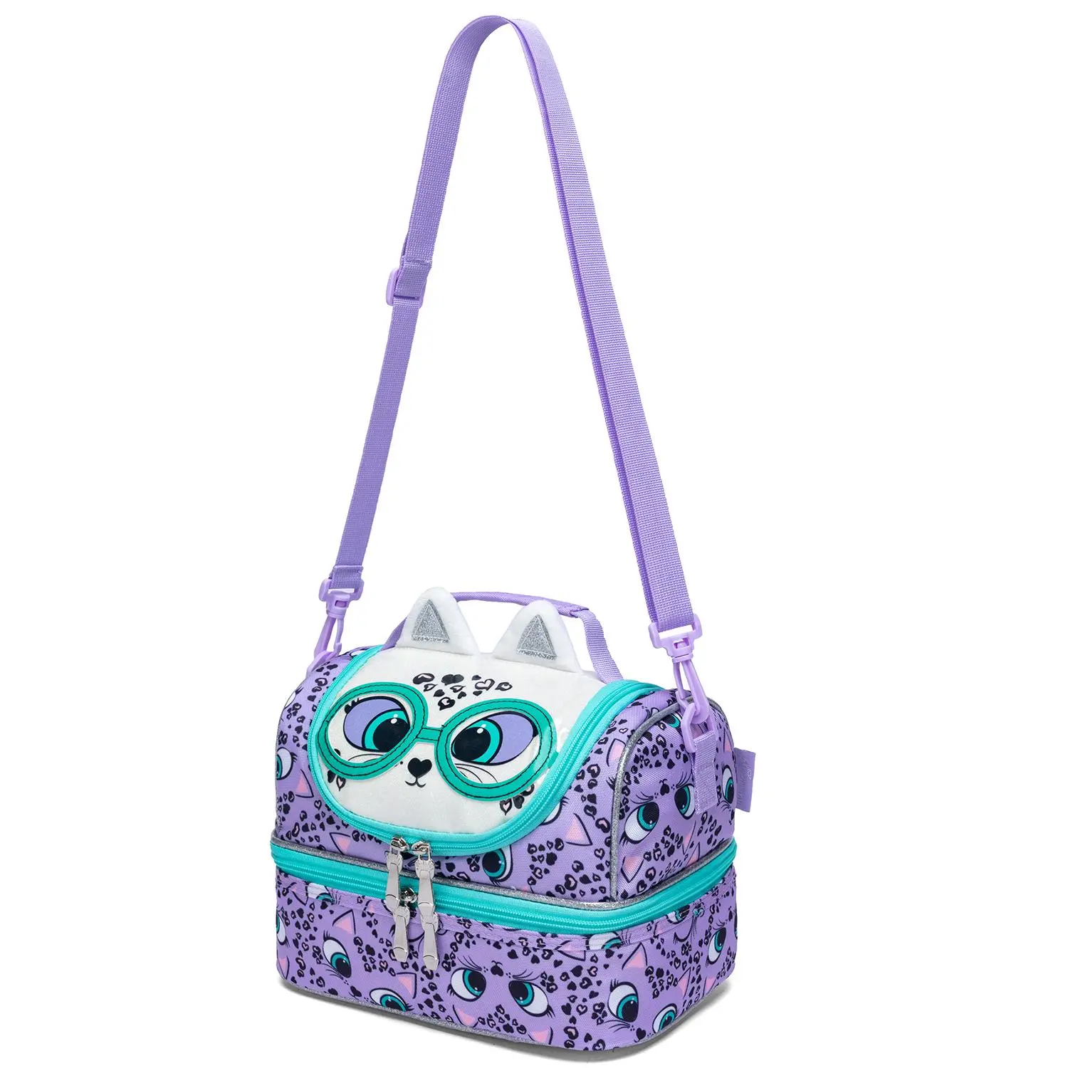 Children's Dual-Layer Insulated Thermal Lunch Cooler Bag - Cute Kitty Print Plush Face Leopard Design, 3D Plush Ears & Glasses, Leakproof Reusable Zipper Toddler School Bag with Shoulder Strap, Polyester, Spot Clean
