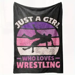 Soft Polyester Cozy Flannel Blanket for Wrestling Enthusiasts - 'Girl Who Loves Wrestling' Design hine Washable All-Season Comfort Black with Pink and Purple Accents Wrestling Theme Blanket