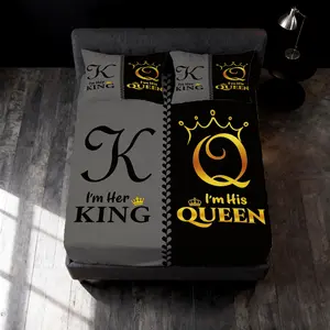 King & Queen Themed Couple Fitted Sheet Set, 3 Pieces, Black & Gray Split Color Bed Sheet with Pillowcases, No Insert, Romantic Bedding Set for Couples Bedroom Decor & Anniversary Gift