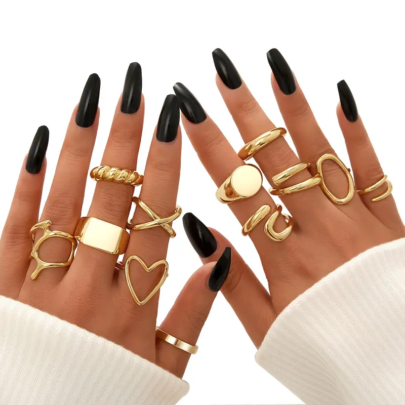 Women's 12PCS 18K Gold Plated Stackable Elegant Fashion Rings Set - 17KM Chunky Bold Design Rings, Adjustable Open Design Bands, Sizes US 4-9, Birthday Gift Jewelry for Daily Wear