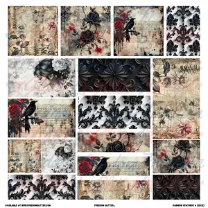 Gothic Floral 1 Patchwork Element Sheet – Vintage Roses, Ravens & Damask – Pre-Cut Printed Vinyl (10x10 or 12x12)