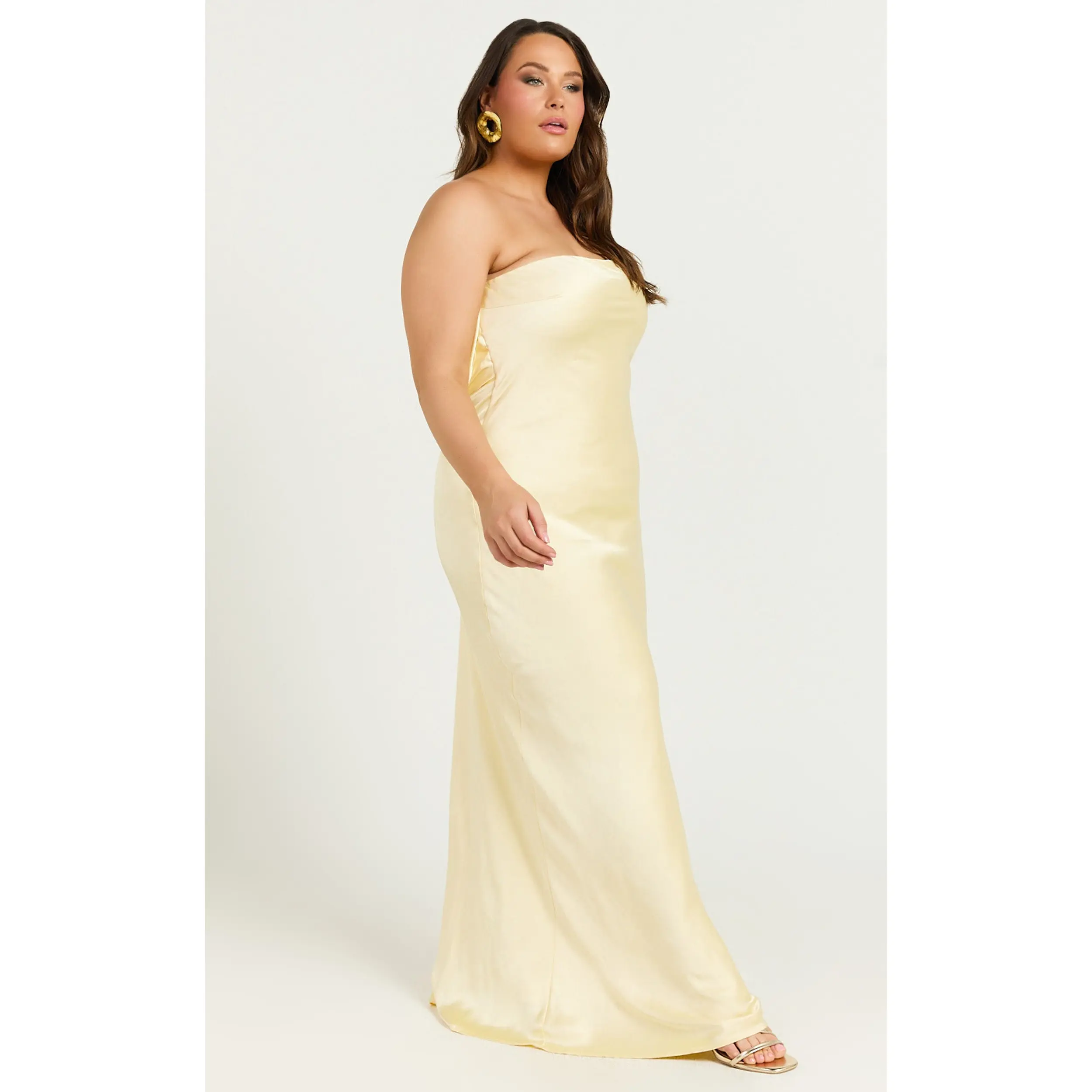 strapless cowl back satin maxi dress Strapless Open Cowl Back Gown