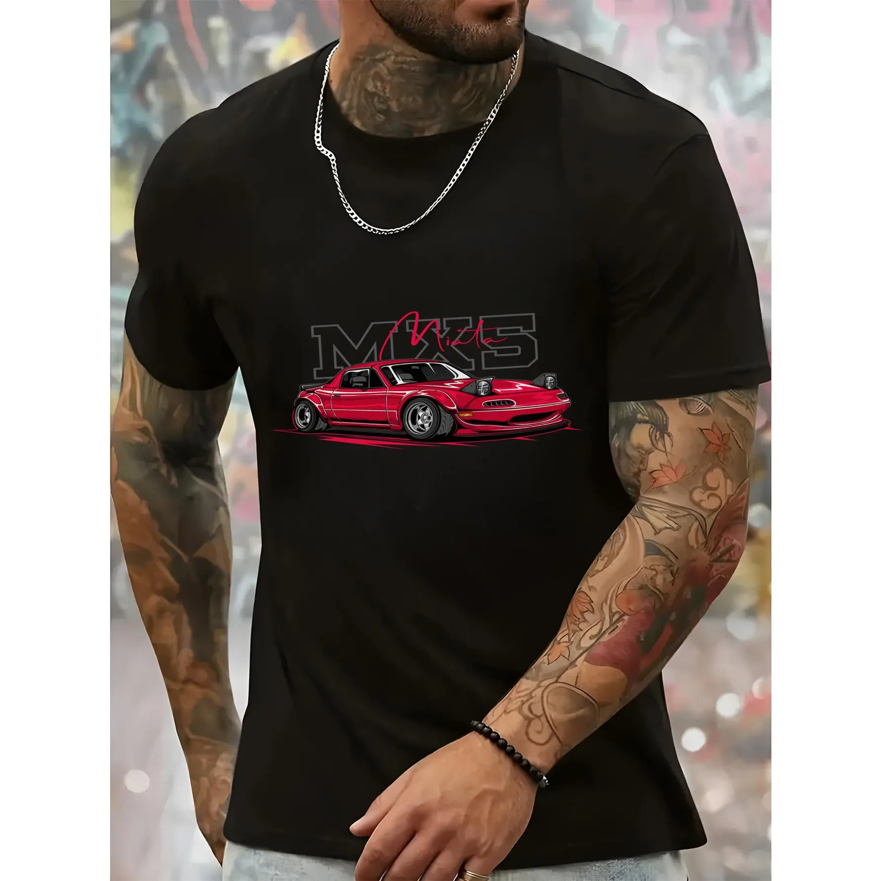 Men's T-Shirt with a Bold Red MX5 Miata Graphic, Classic Fit Short-Sleeve Streetwear in Soft Cotton, Breathable Outdoor Wear, Fabric, Top