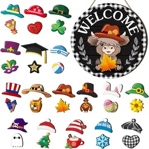 Interchangeable Wooden Gnome Welcome Sign, Magnetic Hat and Hand, Decorative Hanging for Festive Season, Summer Parties, Birthdays, Home Office