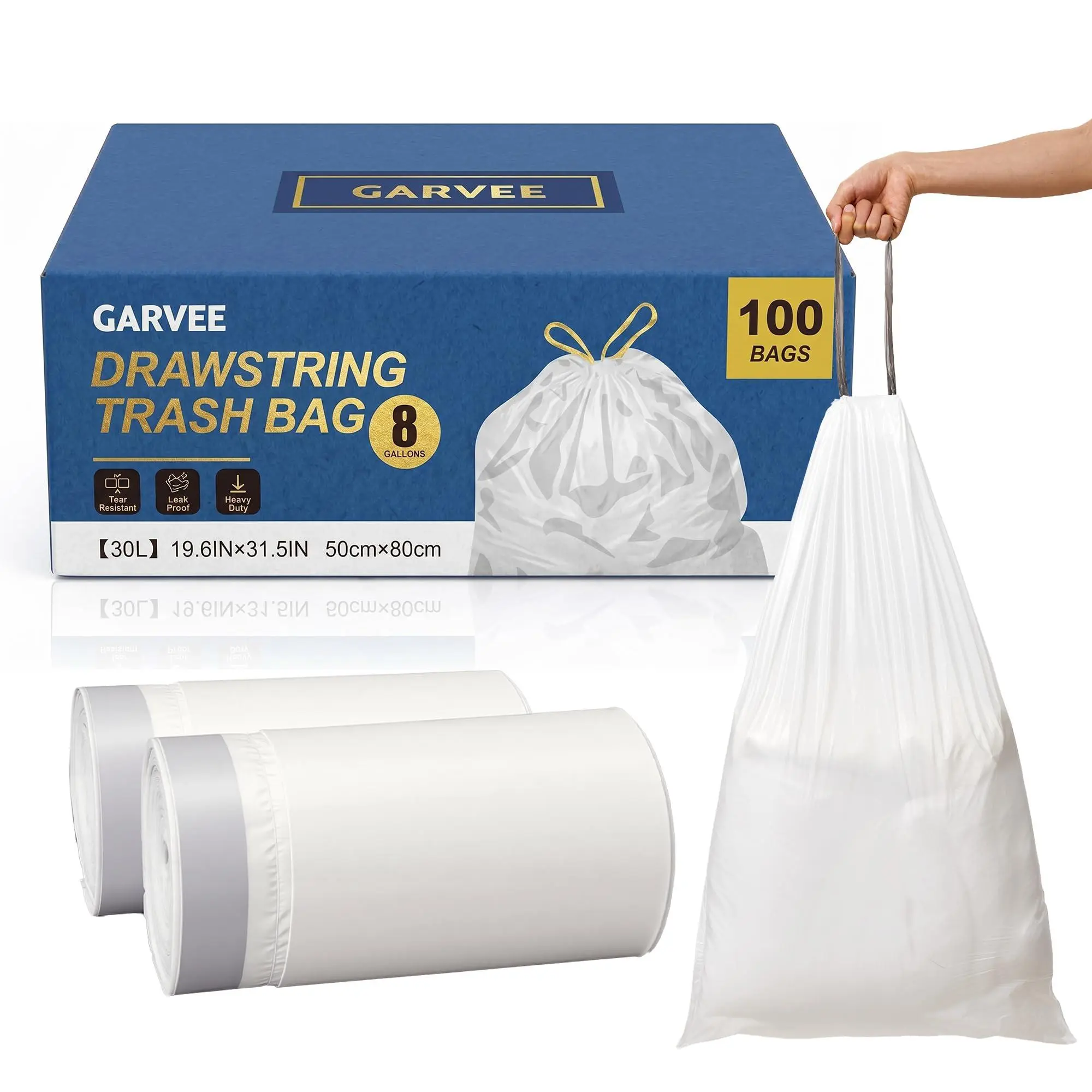 Tall Trash Bags 30L (8 Gallon) with Drawstring, 100 Count (2 Rolls), Heavy Duty Garbage Bags HDPE Puncture Resistant Leak Resistant, 50x80 cm (19.7” x 31.5”) Kitchen Trash Bags for Home Office