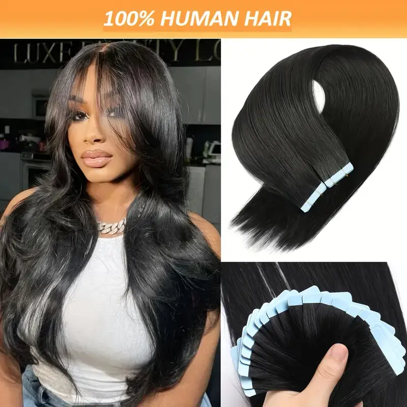 1B# Straight Human Hair Tape In Extensions Straight Hair Extensions Natural Color 1B# Black Human Hair Extensions For Women