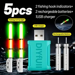 5-Piece Fishing Set, 2 Bait Indicator Lights + 2 Rechargeable Batteries + 1 Charger, Night Fishing Light Rod Tip Lamp