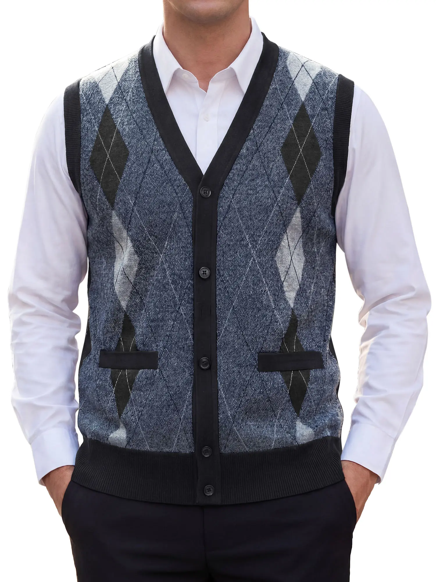 INSPIRE CHIC Men's Casual Sleeveless V-Neck Button Argyle Knit Sweater Cardigan Vest