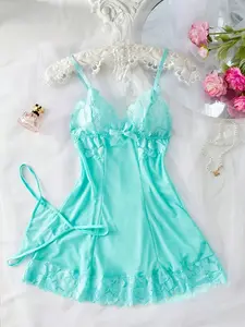 Women's Lace Lingerie Set, V Neck Backless Slip Dress with Thong, 2 Piece Sleepwear