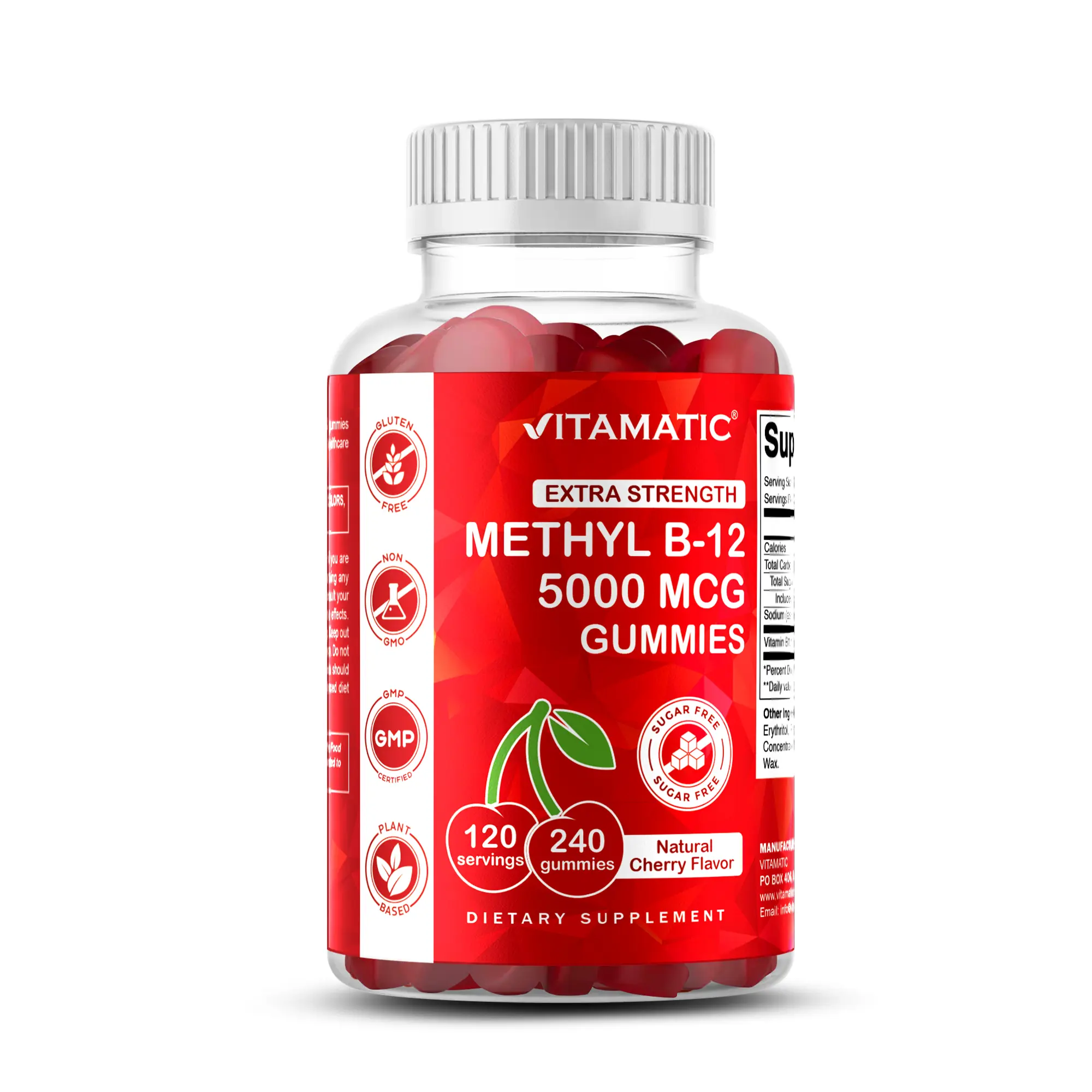 Vitamatic Extra Strength Methylated B-12 Vitamin 5000 mcg Chewable Gummy Supplements - 240 Count, Natural Cherry Flavor, Gluten-Free, High Fiber, Vegetarian, GMO-Free for Energy Metabolism Support