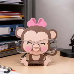 Cute Monkey Glasses Frame - Wooden Fashion Glasses Display Frame with Pink Bow, Cute Animal Desktop Decoration, Home and Office Accessories, Fun Design, Decorative Glasses Accessories