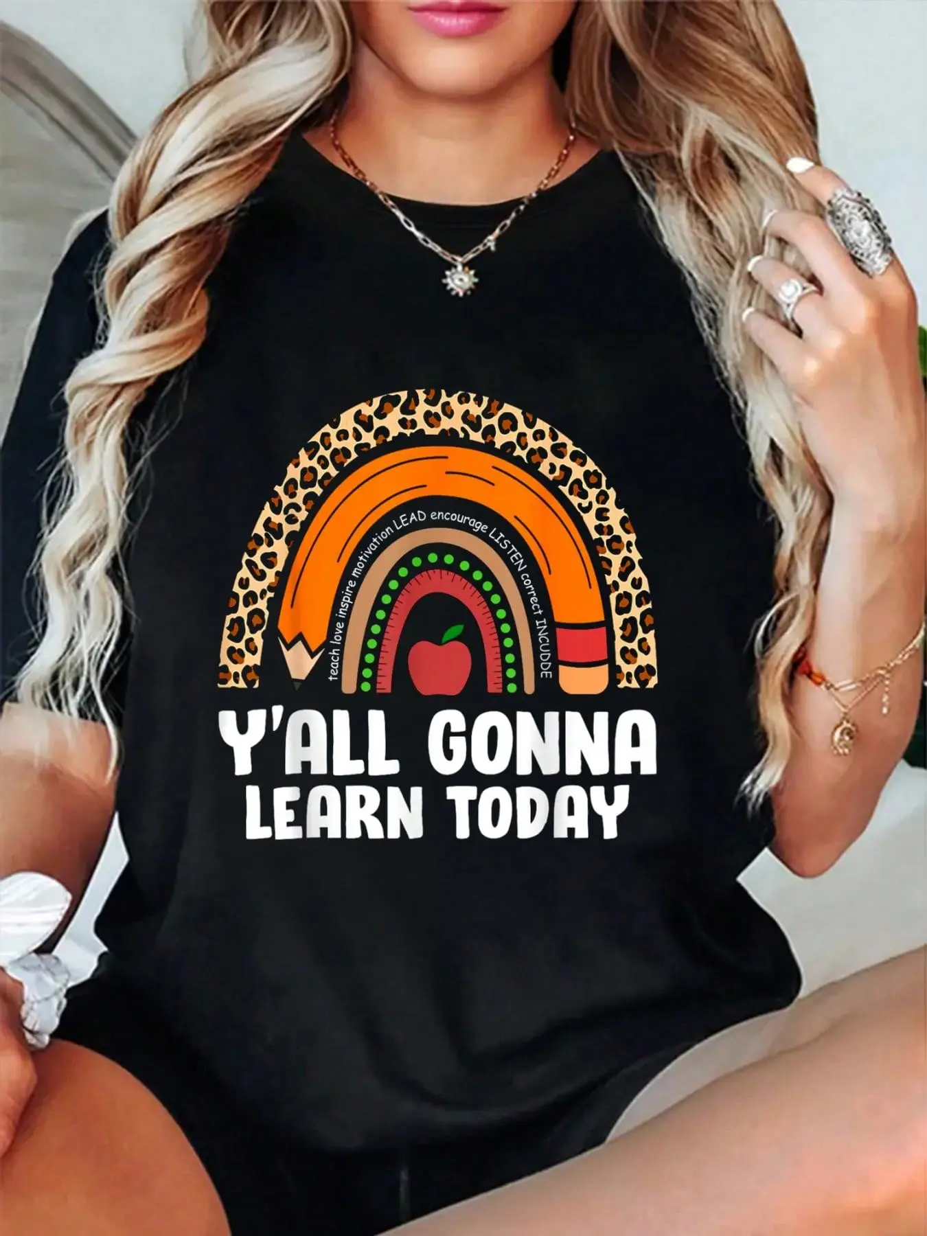 Funny Teacher First Day Of School Y'all Gonna Learn Today T-Shirt Summer Outfits For Women T Shirts Women Graphic Tees Women