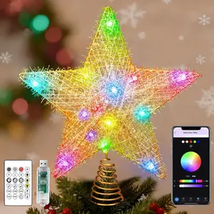 Christmas Tree Topper Star, 9'' Smart Golden Glittered Star Tree Topper with Remote & APP Control, 15 LEDs Metal Hollow Designed Treetop Stars for Xmas Holiday Party Decorations Ornaments
