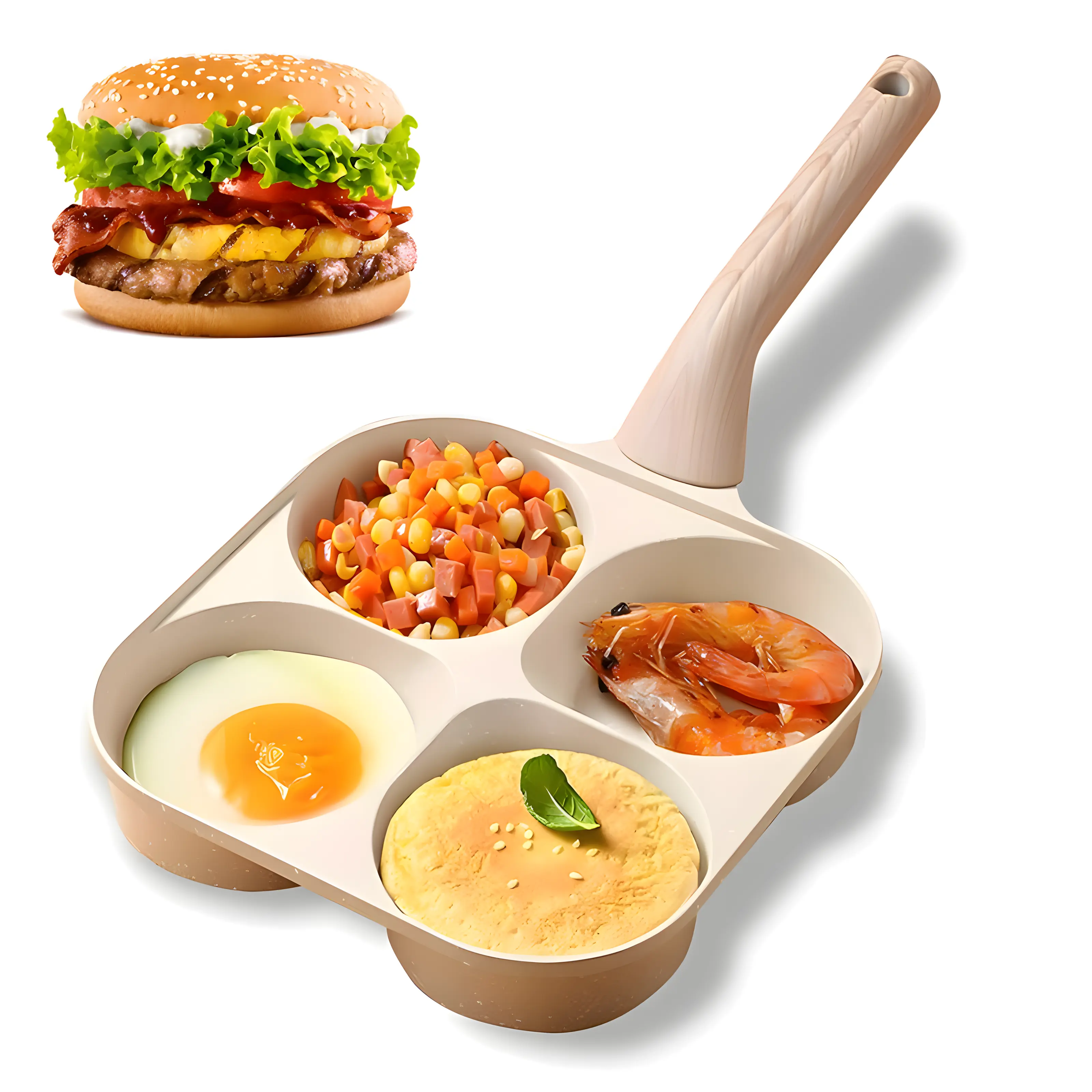 4-hole nonstick breakfast skillet and pancake pan with wooden handle, multi-section omelet maker for eggs, pancakes, burgers, sandwiches, and toast, granite nonstick surface, easy-clean cookware