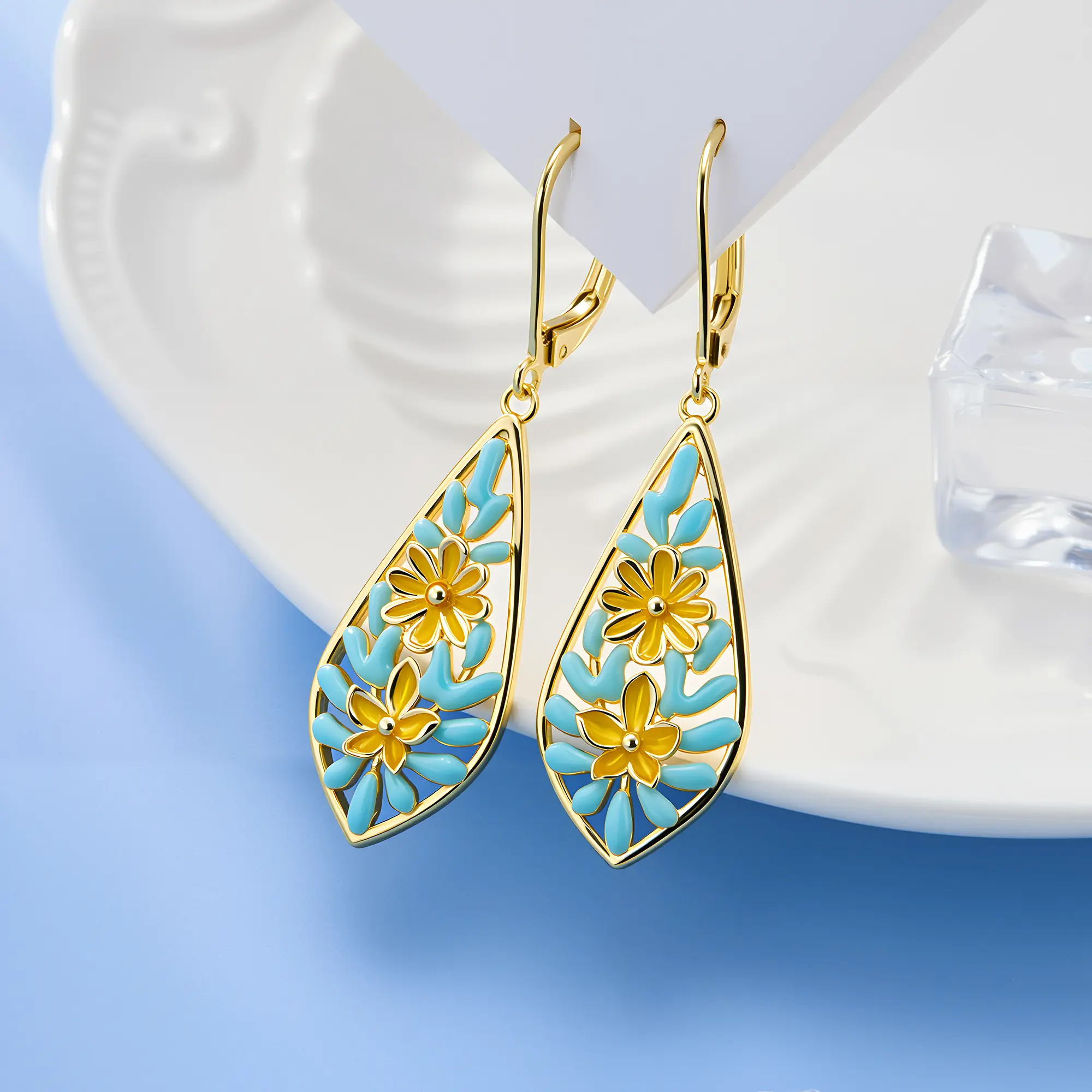 ALEXCRAFT Gold Floral Drop Earrings, Spring/Summer Collection, Blue & Gold Teardrop Design, Made for Women and Girls, Elegant & Stylish, Bohemian Gift for Her，accessories for women summerwins,summerwins Trendy Jewelry