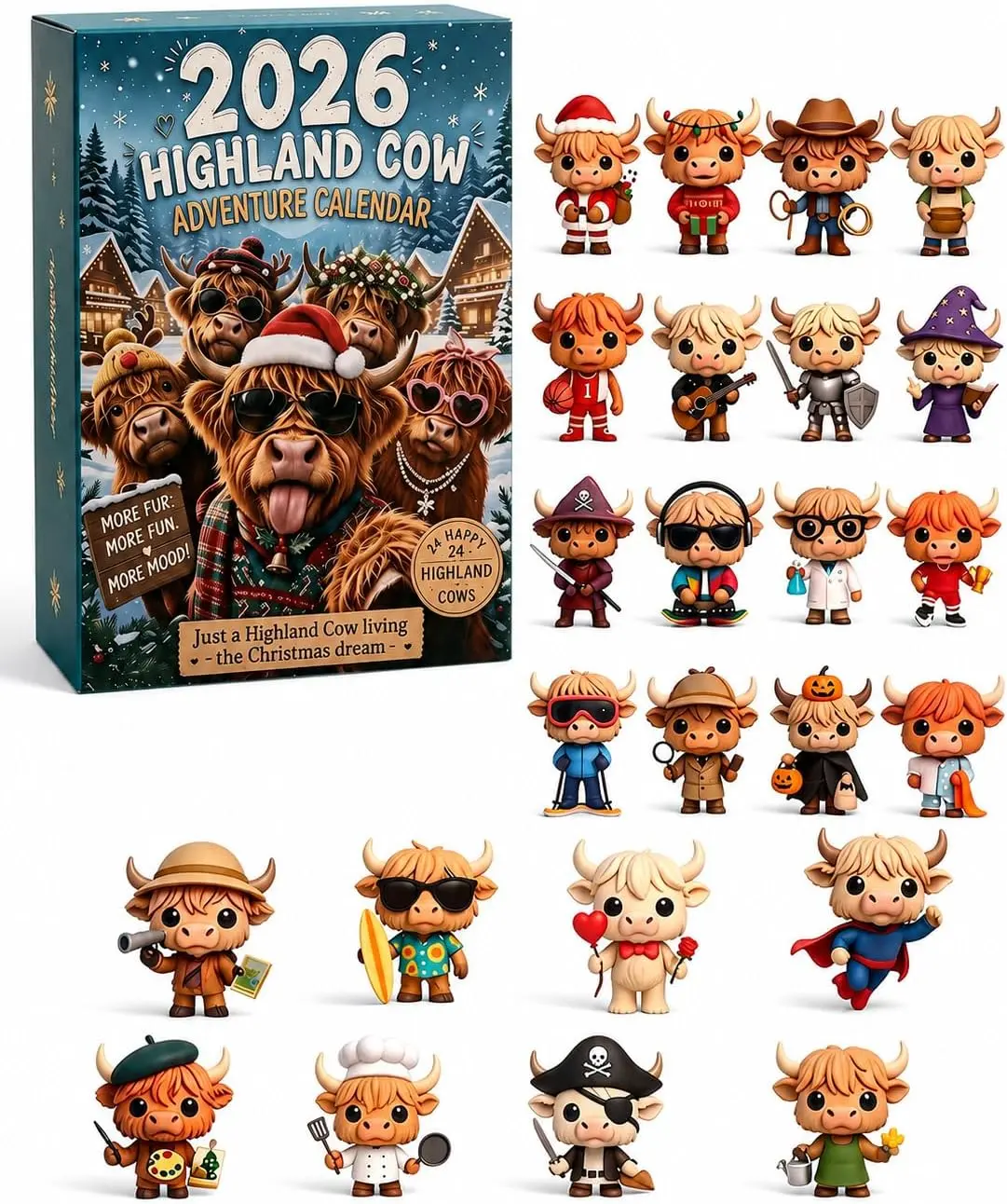 2026 Highland Cow Advent Calendar Every Day Brings New Surprises (#A) | Open one mini cattle figurine each day for a cozy 24-day Christmas countdown, then display the complete collection.
