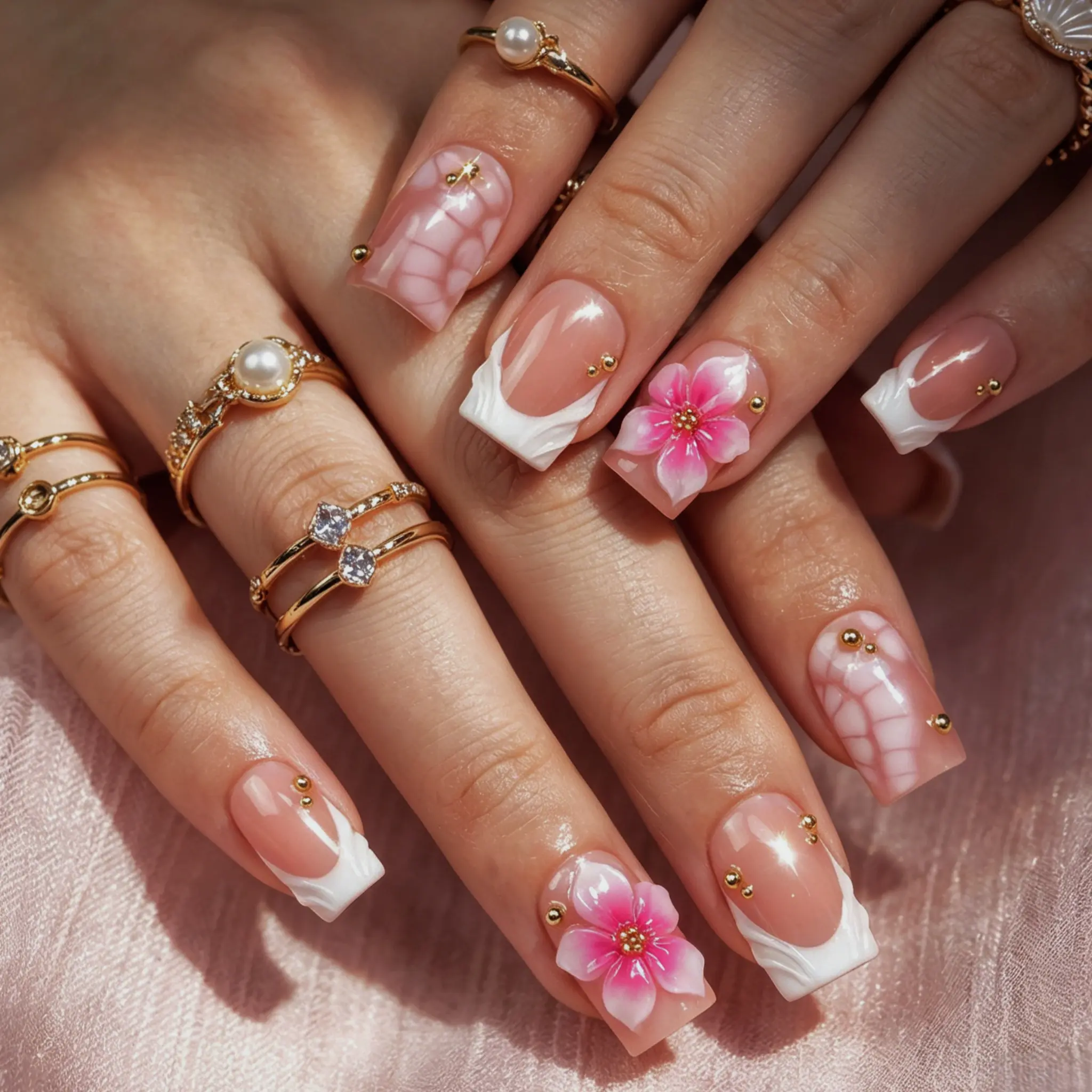10 pcs Handmade Press on Nails 3D Floral White Tips,Squarenails, Y2K Baddie Style, Nude And White Color with French Tips, Floral Design, Suitable for Women And, Includes Tools
